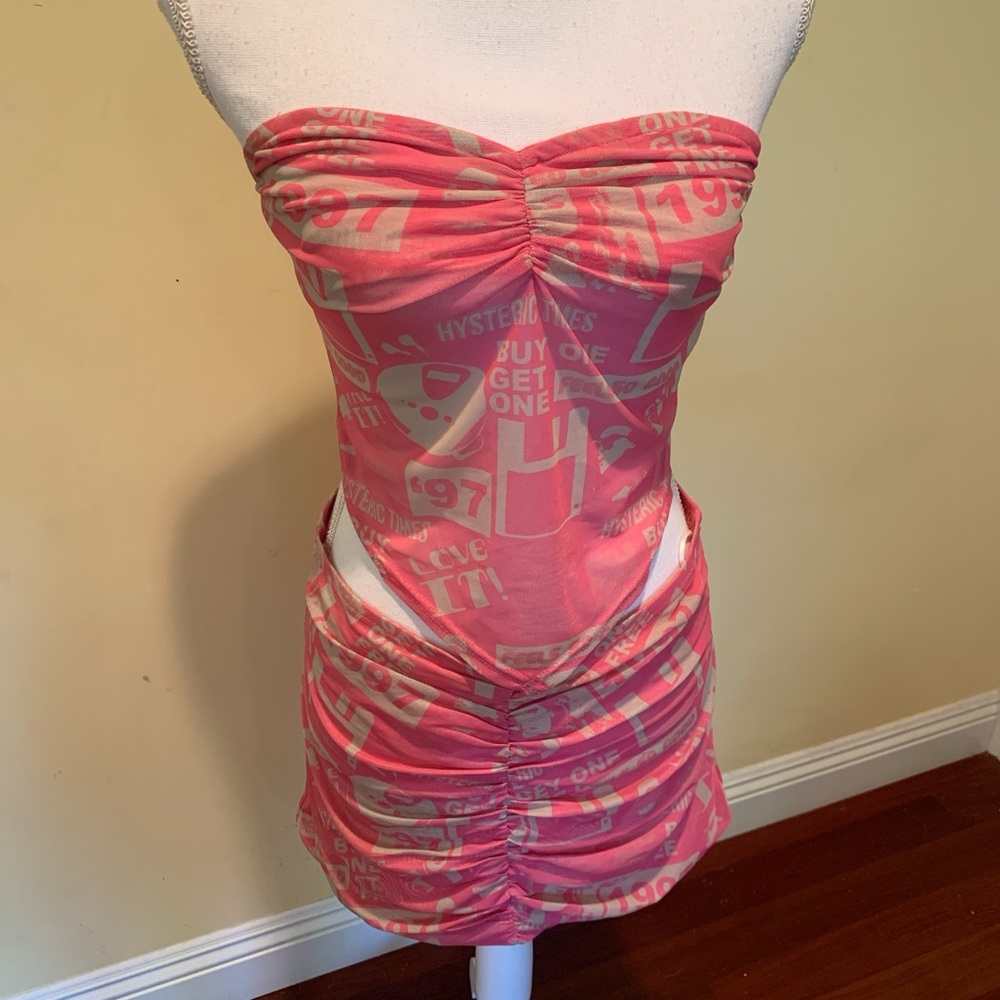 Pink Strapless Top and Skirt Set Letter Graphic Gathered Stretchy Bodycon